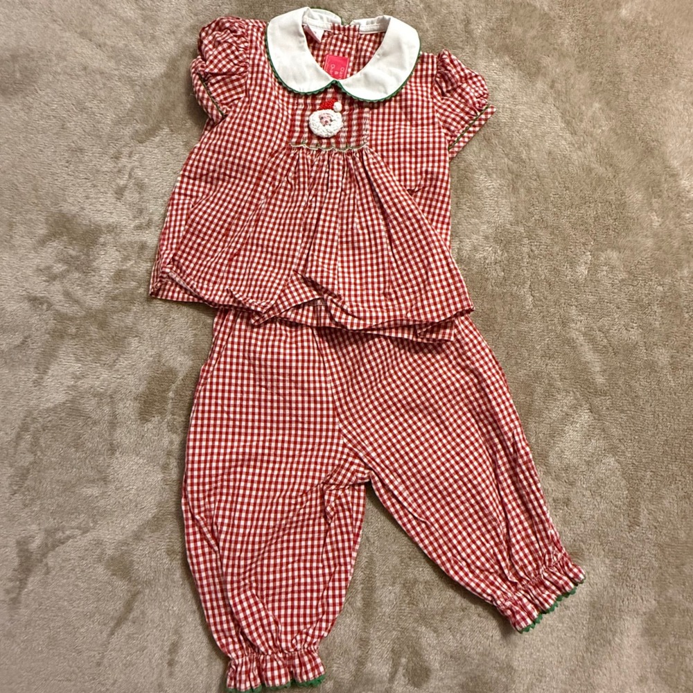 Claire & Charlie Baby Girls Red Gingham Santa Smocked Top & Bloomers Set 9M